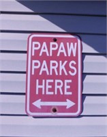Metal Papaw Parks Here sign