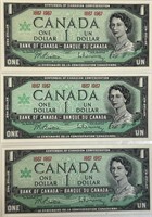 3 CRISP CANADIAN 1954 CANADIAN 1 DOLLAR BILLS