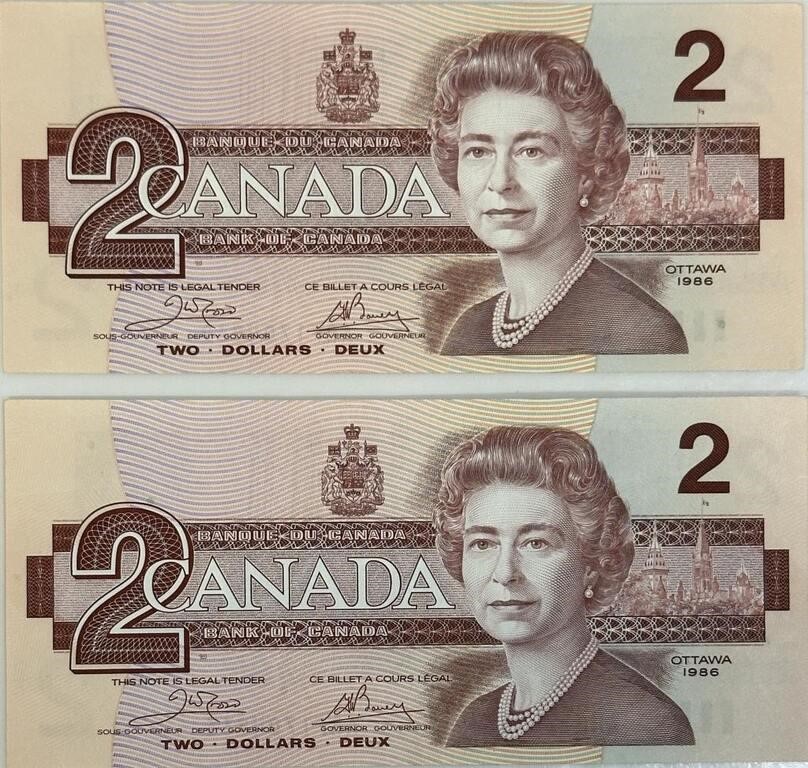 2 CRISP CONSECUTIVE CANADIAN 2 DOLLAR BANK NOTES