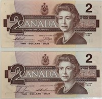 2 CRISP CANADIAN 2 DOLLAR BANK NOTES