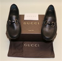 Gucci Italy Black Leather Silver Horsebit Loafers