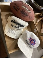 Box 3 pc sports memorabilia signed hats n football
