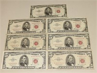 (7) Five Dollar Red Seal Federal Reserve Notes