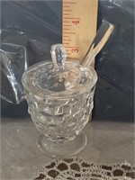 American Fostoria jelly jar. With glass spoon.