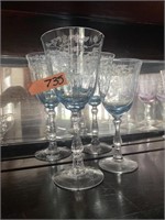 3-8”  blue Fostoria, Navarre , wine glasses, and