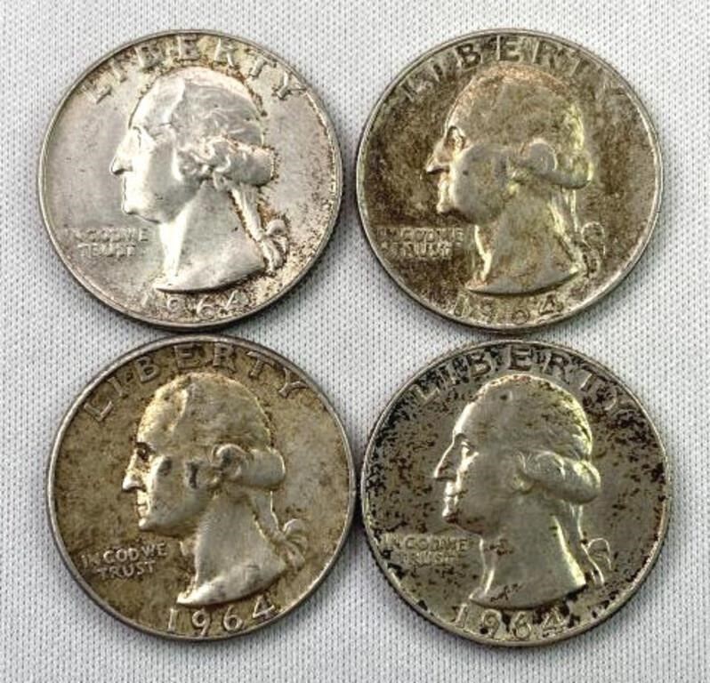 (4) 1964 Silver Washington Quarters, 90%