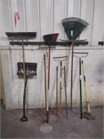 Assorted hand tools - push brooms, rakes, shovel,