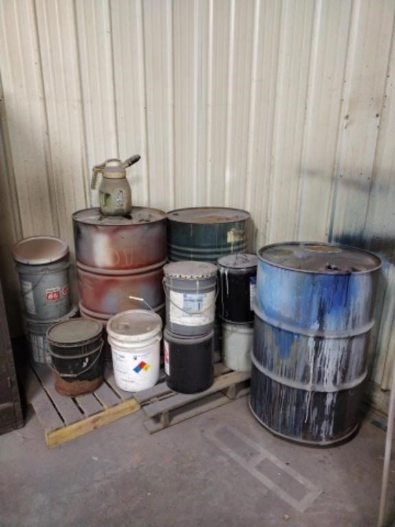 Assorted 50 gallon metal drums and assorted 5