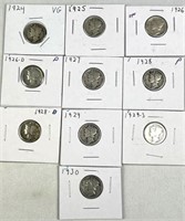 (10) Silver Mercury Dimes, Different Early Dates