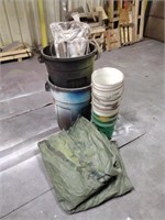 Assorted trash cans, 5 gallon buckets, shop rags,
