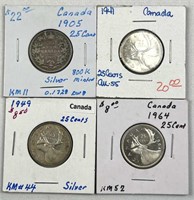 1905 Sterling Silver Canada 25c + (3) Silver 25c