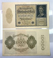 (2) 1922 German 10,000 Mark, Scarce Condition