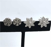 (2) 925 Silver Flower & Snowflake Stud Earrings