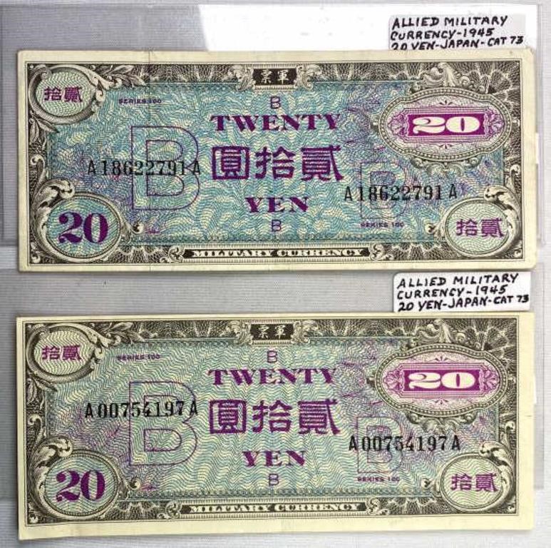 (2) 1945 Allied Military Currency Japan 20 Yen