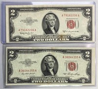 (2) 1953 Red Seal $2 Bills, Nice Quality