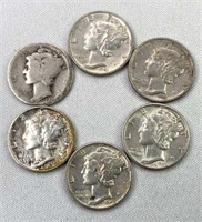 (6) 1927-1945 Mercury Silver Dimes, Nice Mix