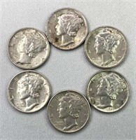 (6) 1940-44 WWII Era Mercury Silver Dimes, Nice