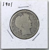 1901 Barber Silver Half Dollar, US 50c Coin