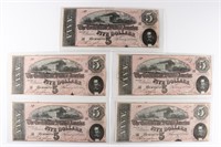 (5) x CONSECUTIVE 1864 $5 CONFEDERATE STATES NOTES