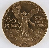 1947 MEXICO 50 PESOS GOLD COIN - 1.3 OZ