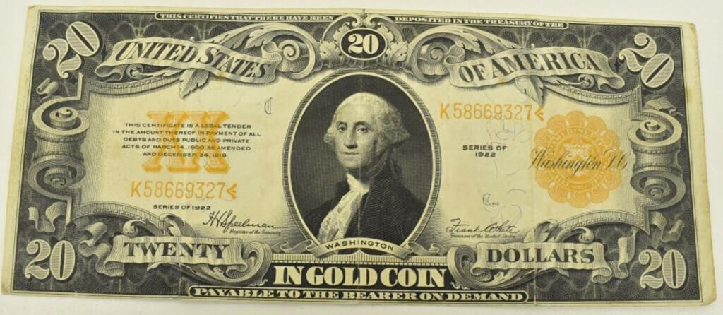 1922 $20 Gold Certificate, Horse Blanket Note VF30