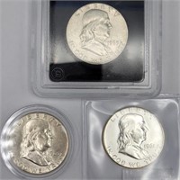 (3) 1961-1963 Franklin 90% Silver Half Dollars