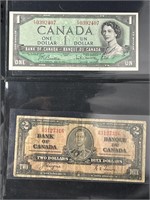 1954 Unc. Canada $1 Bill +1937 Canada $2