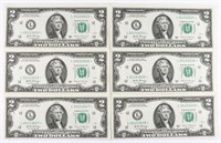 (6) x **STAR NOTES** NEW CONSECUTIVE $2 BILLS