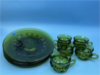 5 Vintage Green Glass Sandwich Plates & Cups