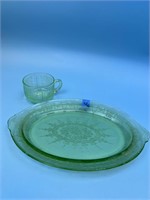 Green Depression Glass Oval Platter and Cup
