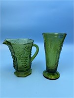 Vintage MCM Green Glass Vase & Pitcher