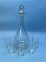 Vintage Etched Glass Decanter & 5 Glasses