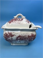 English Country Red & White Tureen with Lid