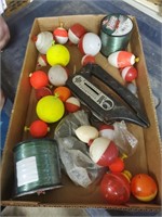 Box Flat of Fishing Bobbers, Wire, Scale