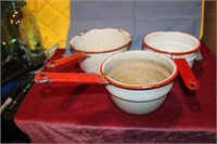3) RED BAND ENAMELWARE POTS