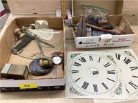 Box of clock repair tools and flt of clock parts