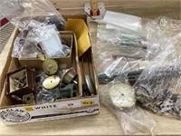 Flat of clock parts/ pendulums/ keys and misc