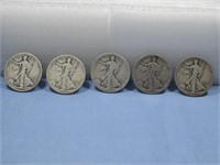 Five Walking Liberty Half Dollar 90% Silver