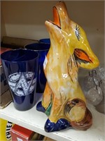 Mexico Pottery Dog, Blue Glass Vase & 3 Blue