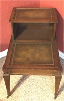 Vintage Two Step Leather Top End Table On Wheels