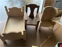 Unpainted doll furniture:  bed, chair, rocker