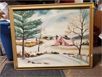Oil on Canvas Painting of Winter Farm Scene