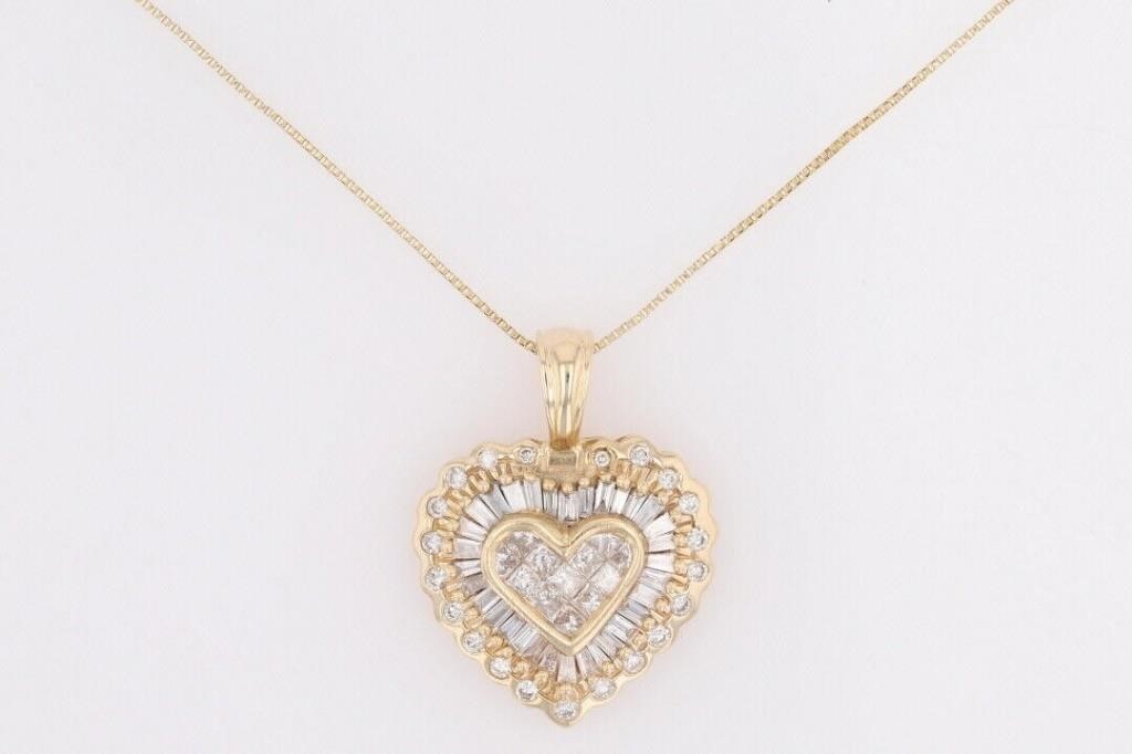 1.15 Ct Diamond Princess  Heart Necklace 14 Kt