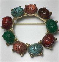 Vintage Gold Brooch Carved Lucite Beads Tribal