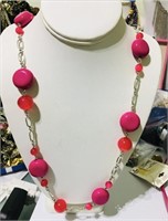 Vintage pink beads necklace silver tone