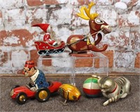 4 Tin Litho Wind-Up Toys-Bing racer, Santa in
