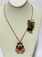 Christmas jewelry enameled bells brooch necklace