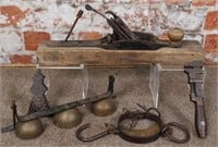 5 Antique Primitives & Tools, oval iron & brass