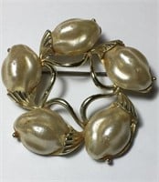 Vintage Gold Brooch Wreath Acorn Pearl Beads