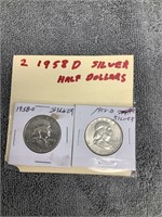 2 1958D Silver Half-Dollars